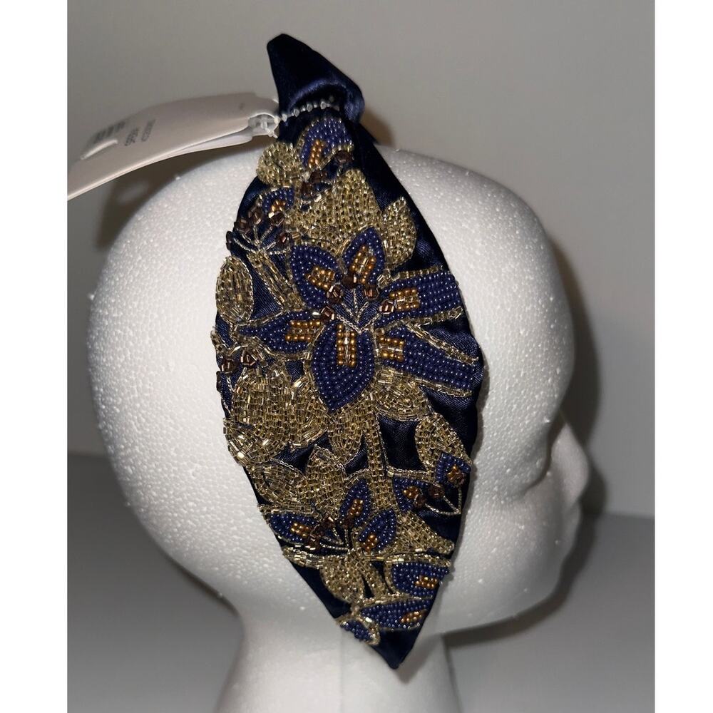 Elegant Navy Beaded Headband with Gold & Bronze Floral Embroidery - Picture 2 of 10